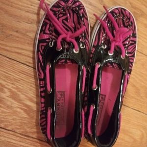 Sperry pink & black zebra stripe shoes size 2
